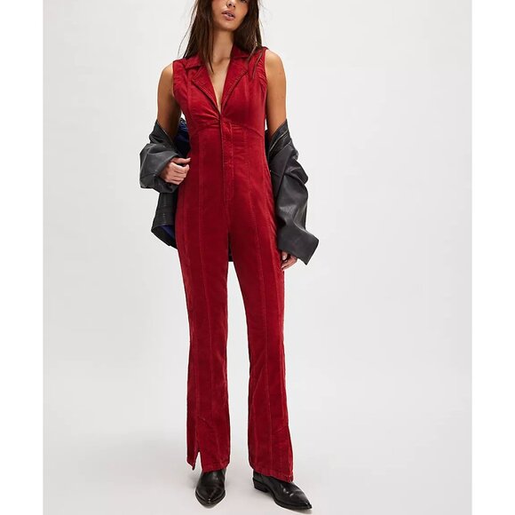 FREE PEOPLE CRVY Ring The Alarm Corduroy One Piece / Haute Red - Picture 1 of 10